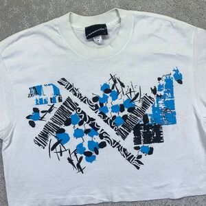 Marika Abstract Graphic Print T Shirt White Blue Black Cotton Polyester Blend